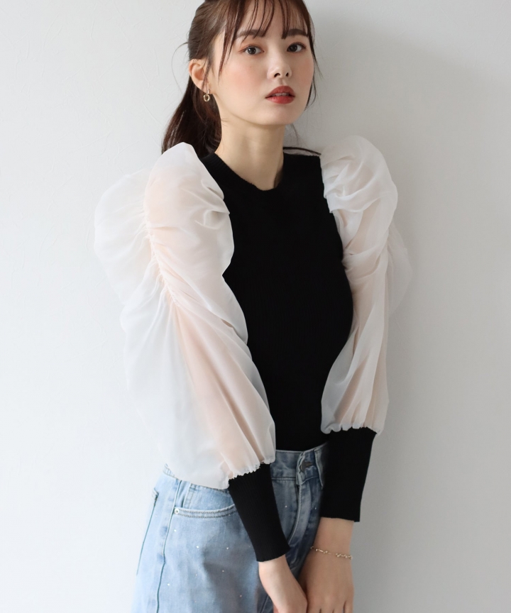【SALE】シースルースリーブニット