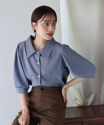 【SALE】パフスリーブストライプ&無地シャツ【ネコポス】 【SALE】パフスリーブストライプ&無地シャツ【ネコポス】