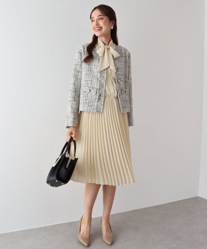 【SALE】ミックスツイードノーカラージャケット×ボウタイプリーツシフォンワンピースセレモニー2点セット 【SALE】ミックスツイードノーカラージャケット×ボウタイプリーツシフォンワンピースセレモニー2点セット