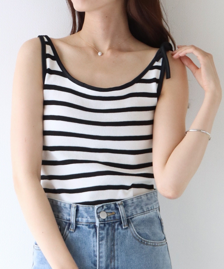 【SALE】ショルダーリボンボーダーキャミソール【ネコポス】 【SALE】ショルダーリボンボーダーキャミソール【ネコポス】