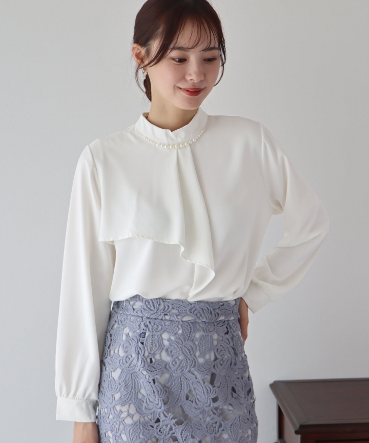 パール付きスタンドカラーケープブラウス【ネコポス】