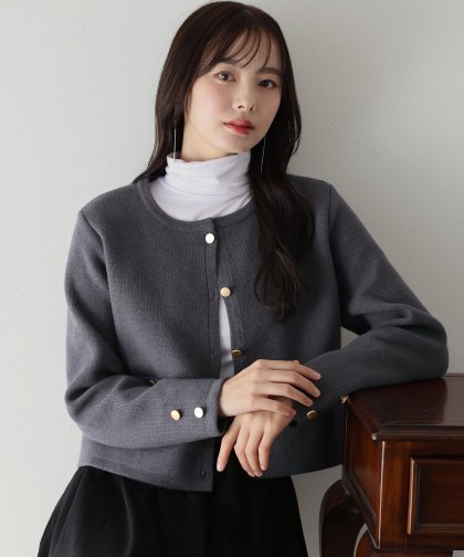 金ボタンノーカラーニットジャケット 金ボタンノーカラーニットジャケット