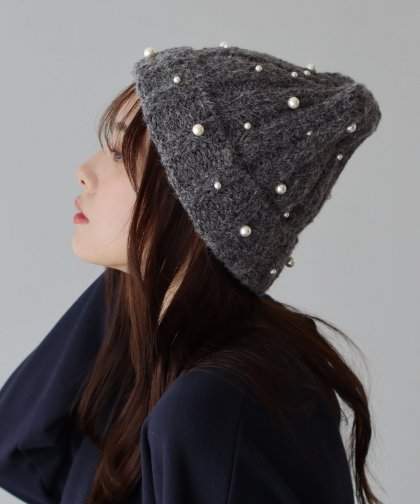 【SALE】パール付きリブニット帽 【SALE】パール付きリブニット帽