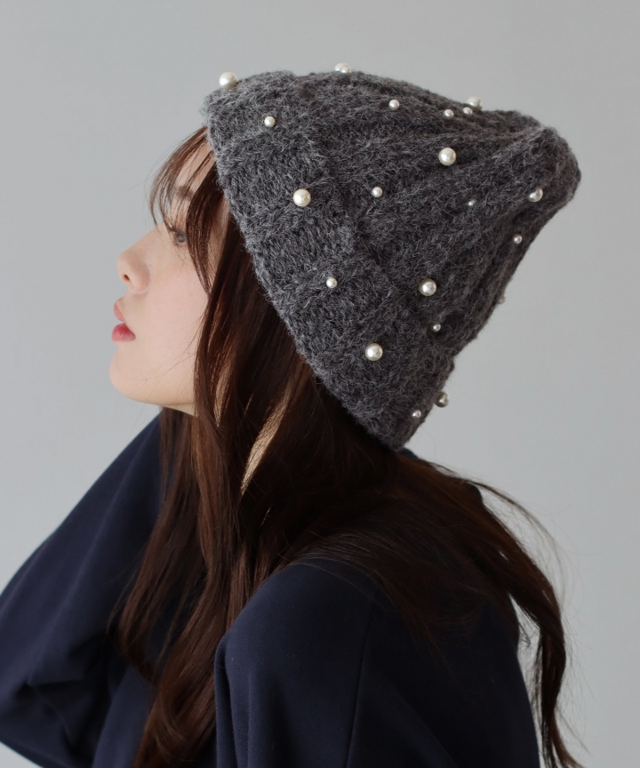 【SALE】パール付きリブニット帽