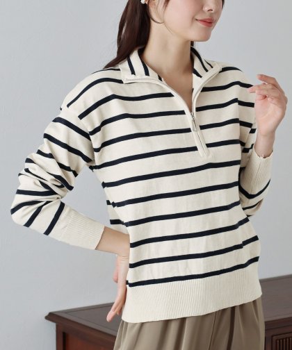 【SALE】ボーダーハーフジップニット