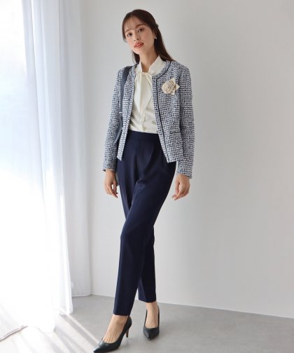 【SALE】ミックスツイードノーカラージャケット×テーパードパンツ セレモニー2点セット 【SALE】ミックスツイードノーカラージャケット×テーパードパンツ セレモニー2点セット