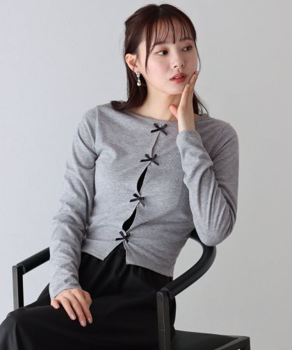 【SALE】ミニリボン付きホールデザインカットソー【ネコポス】