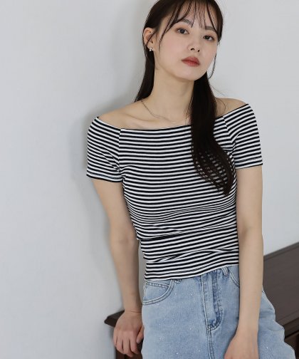 【SALE】半袖オフショルボーダーTシャツ【ネコポス】 【SALE】半袖オフショルボーダーTシャツ【ネコポス】