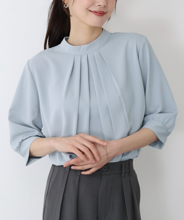 【TIME SALE】ハイネック五分袖タックブラウス【ネコポス】