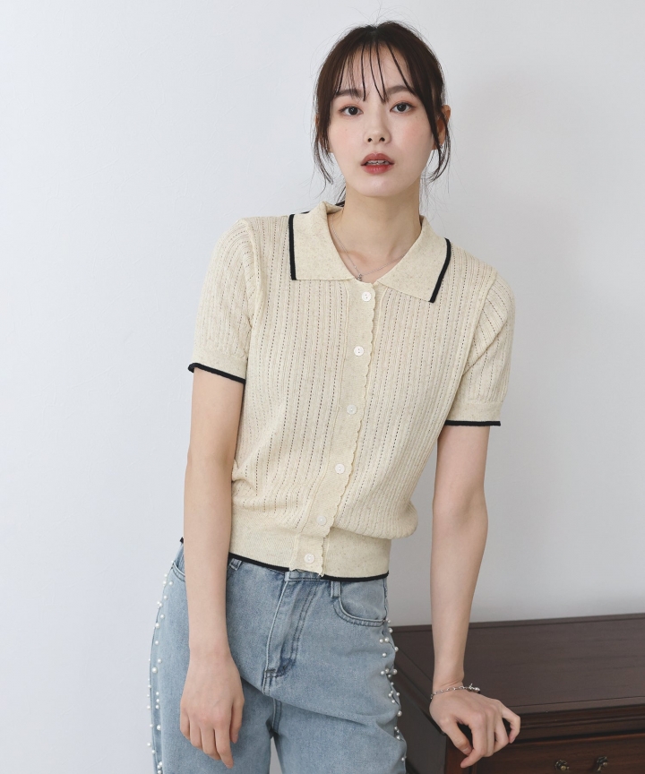 【TIME SALE】すかし編みポロ襟ニット【ネコポス】