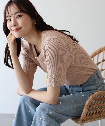 【TIME SALE】ハートボタン半袖リブニット 【TIME SALE】ハートボタン半袖リブニット