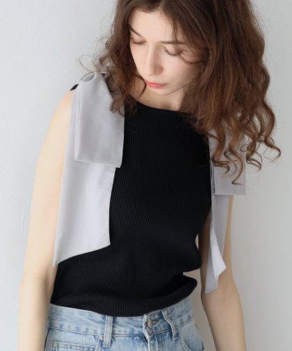 【SALE】ショルダーリボンノースリリブニット 【SALE】ショルダーリボンノースリリブニット