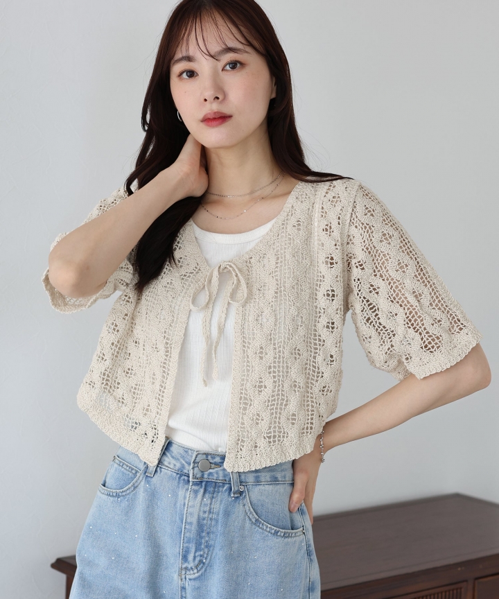 【TIME SALE】クロシェレースリボン半袖カーディガン 【TIME SALE】クロシェレースリボン半袖カーディガン