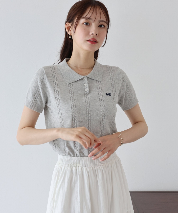 ワンポイントリボン刺繍ケーブルニット【ネコポス】