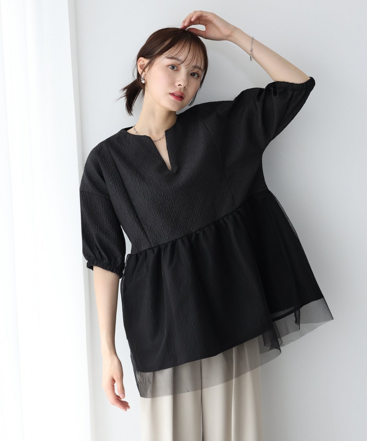 【SALE】チュール重ねジャガードブラウス