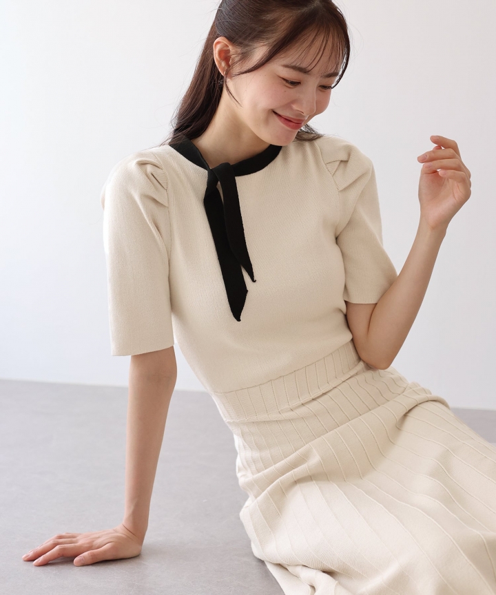 【SALE】配色リボンニットワンピース 【SALE】配色リボンニットワンピース