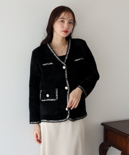 【SALE】Vネックツイード風ニットジャケット 【SALE】Vネックツイード風ニットジャケット