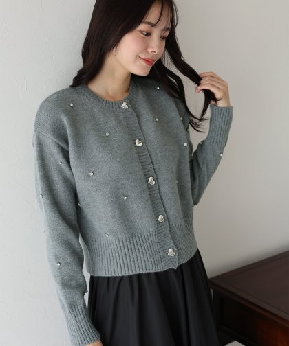 ハート釦ランダムビジューニットカーディガン ハート釦ランダムビジューニットカーディガン