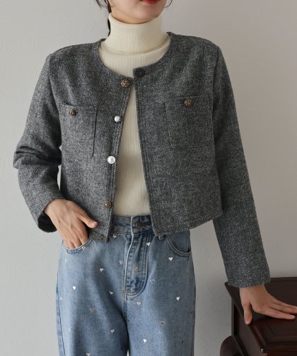 アソートボタンウールノーカラージャケット アソートボタンウールノーカラージャケット
