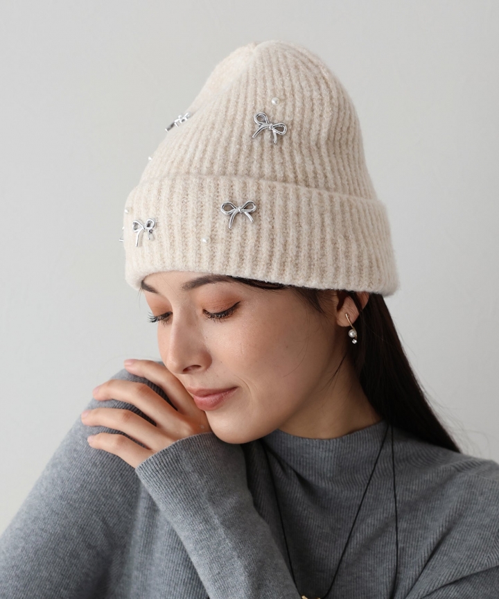 【SALE】パールリボンニット帽