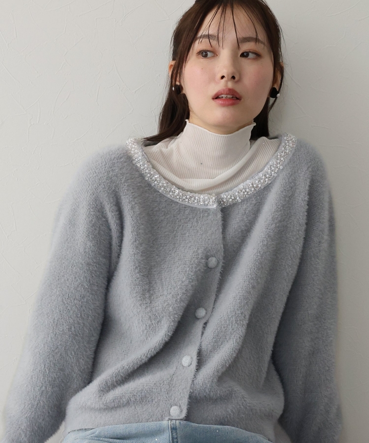 【SALE】ビジュー襟ニットカーディガン