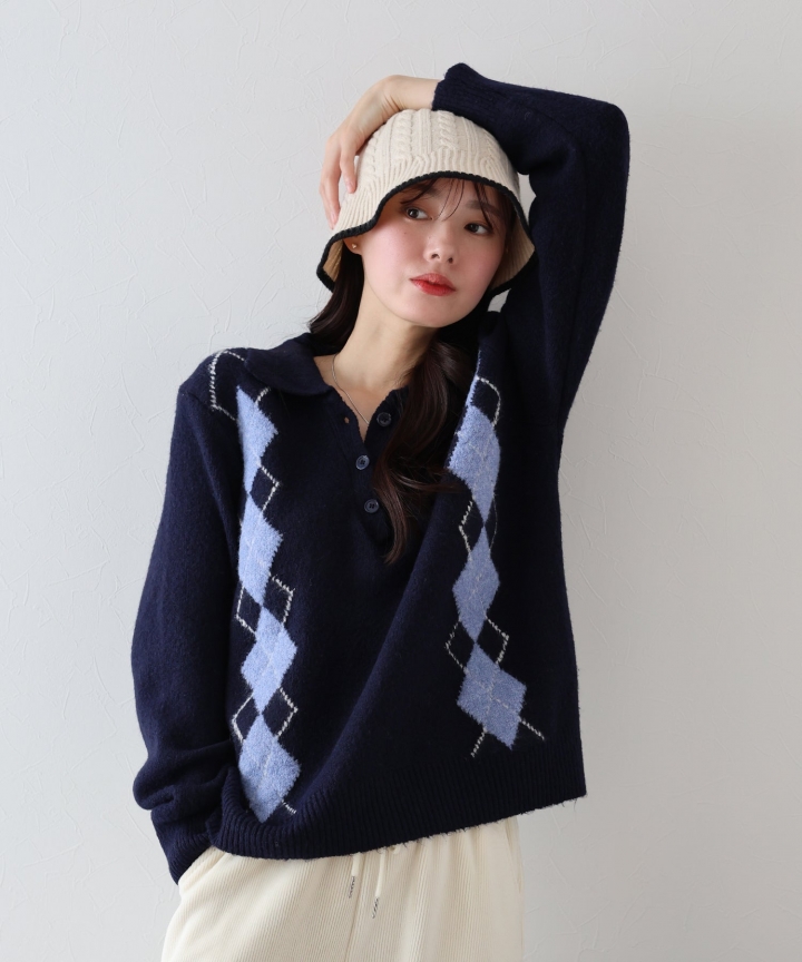 アーガイル衿付ニット