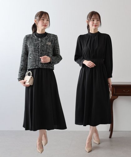 【SALE】ミックスツイードノーカラージャケットxスタンドカラータックワンピース 【SALE】ミックスツイードノーカラージャケットxスタンドカラータックワンピース