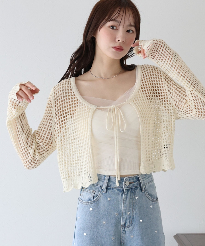 【SALE】リボンメッシュニットカーディガン