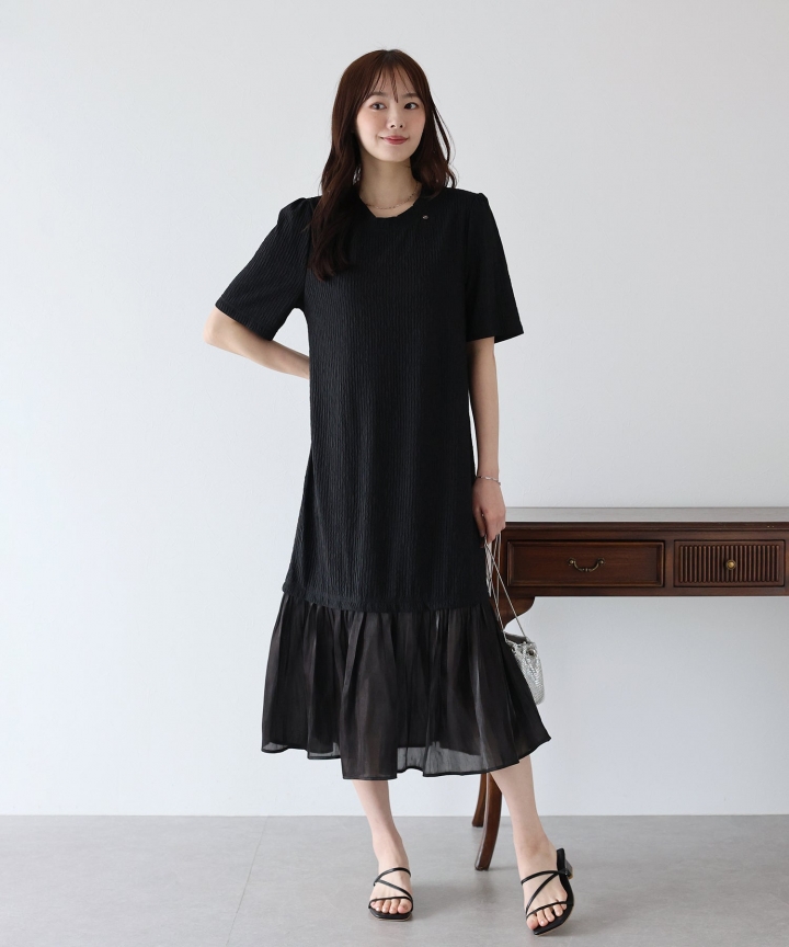 【SALE】異素材切替ティアードワンピース 【SALE】異素材切替ティアードワンピース