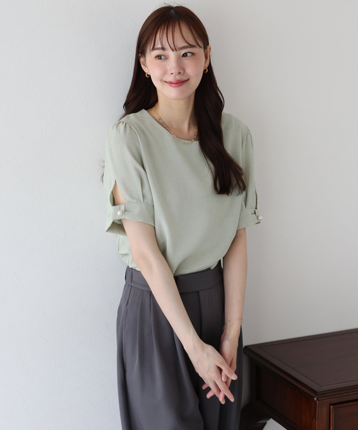 【TIME SALE】パールボタン麻調ブラウス【ネコポス】 【TIME SALE】パールボタン麻調ブラウス【ネコポス】