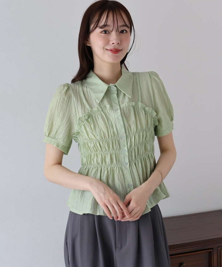 【TIME SALE】シャーリングビスチェレイヤードシアーシャツ【ネコポス】 【TIME SALE】シャーリングビスチェレイヤードシアーシャツ【ネコポス】