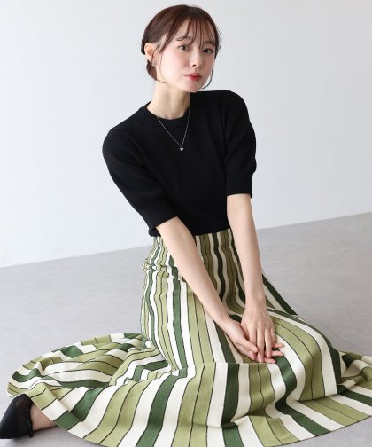 【SALE】配色ストライプニットスカートドッキングワンピース 【SALE】配色ストライプニットスカートドッキングワンピース