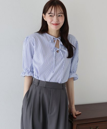 【SALE】リボンストライプブラウス【ネコポス】 【SALE】リボンストライプブラウス【ネコポス】