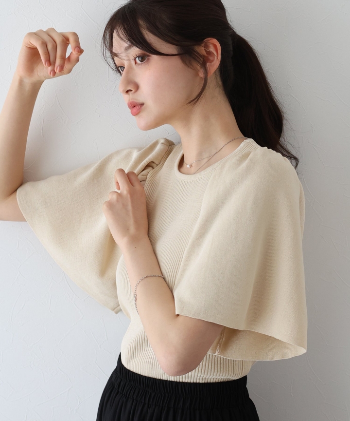【TIME SALE】フレアスリーブ半袖リブニット