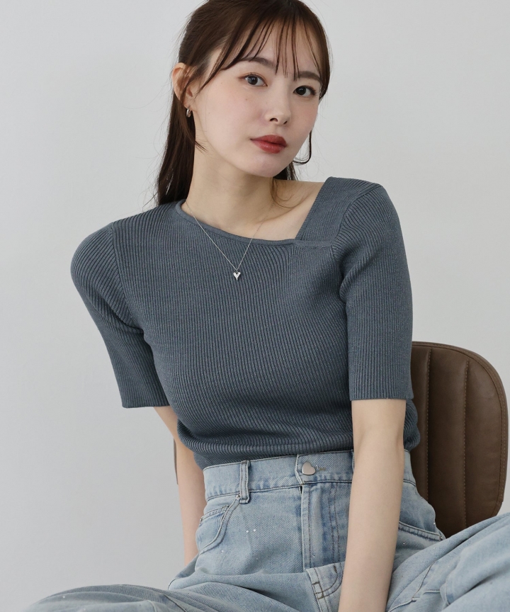 【SALE】アシメネックリブニット