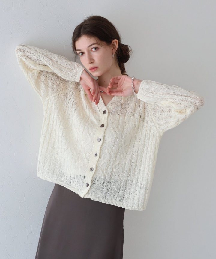 【SALE】襟付き透かし編みニットカーディガン[J by blue]