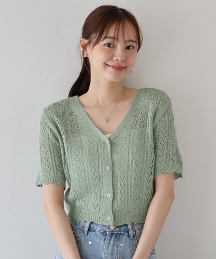 【TIME SALE】透かし編みVネック半袖カーディガン 【TIME SALE】透かし編みVネック半袖カーディガン