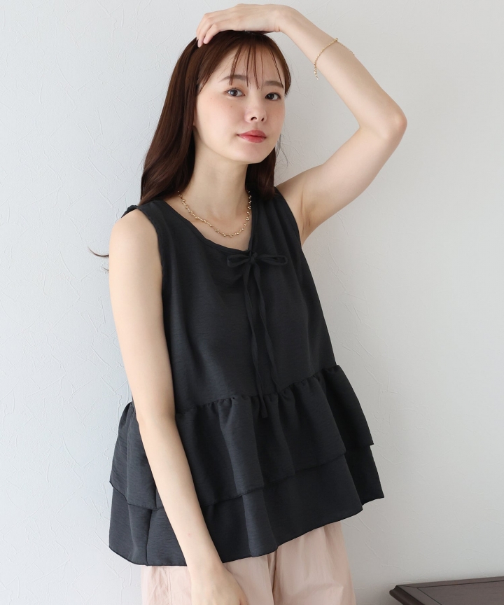 【SALE】リボンティアードノースリブラウス【ネコポス】 【SALE】リボンティアードノースリブラウス【ネコポス】