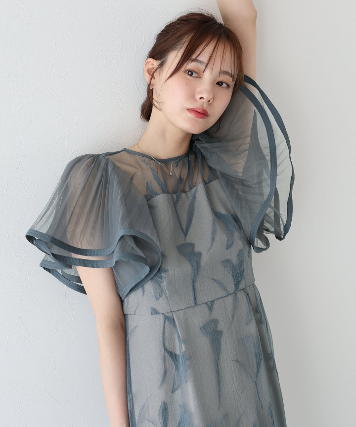 【TIME SALE】フリルスリーブフロッキードレス 【TIME SALE】フリルスリーブフロッキードレス