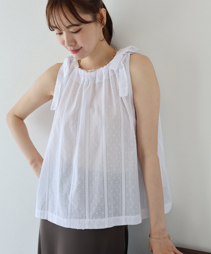 【SALE】ドットジャガードリボンブラウス