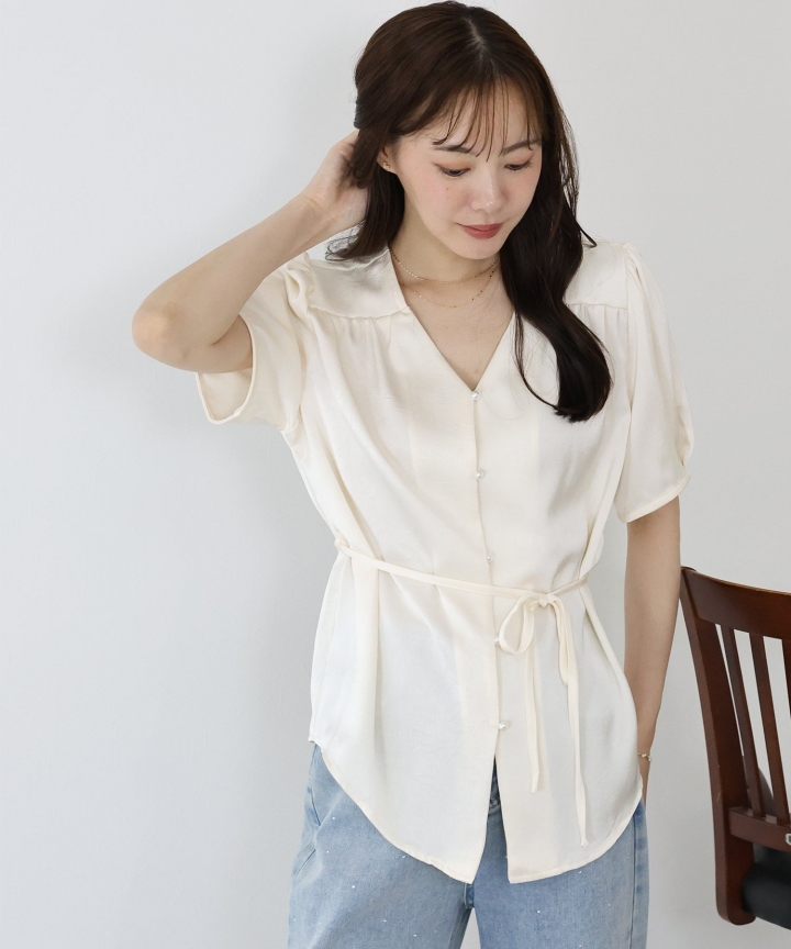 【SALE】リボン付きサテンブラウス【ネコポス】