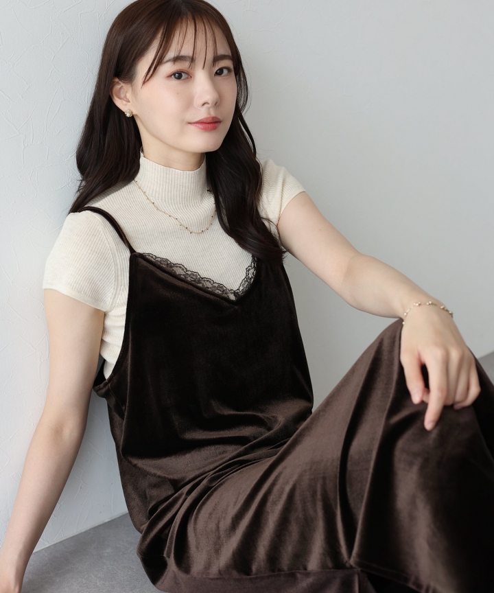 レース付ベロアキャミワンピース