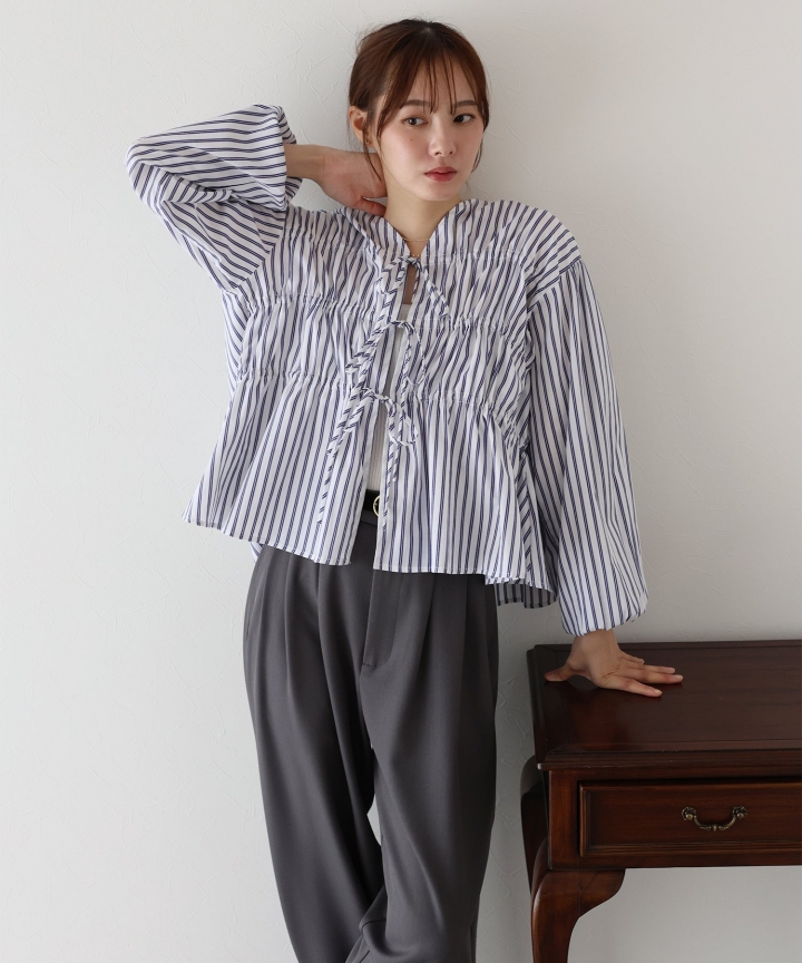 【TIME SALE】ストライプリボンブラウス【ネコポス】 【TIME SALE】ストライプリボンブラウス【ネコポス】