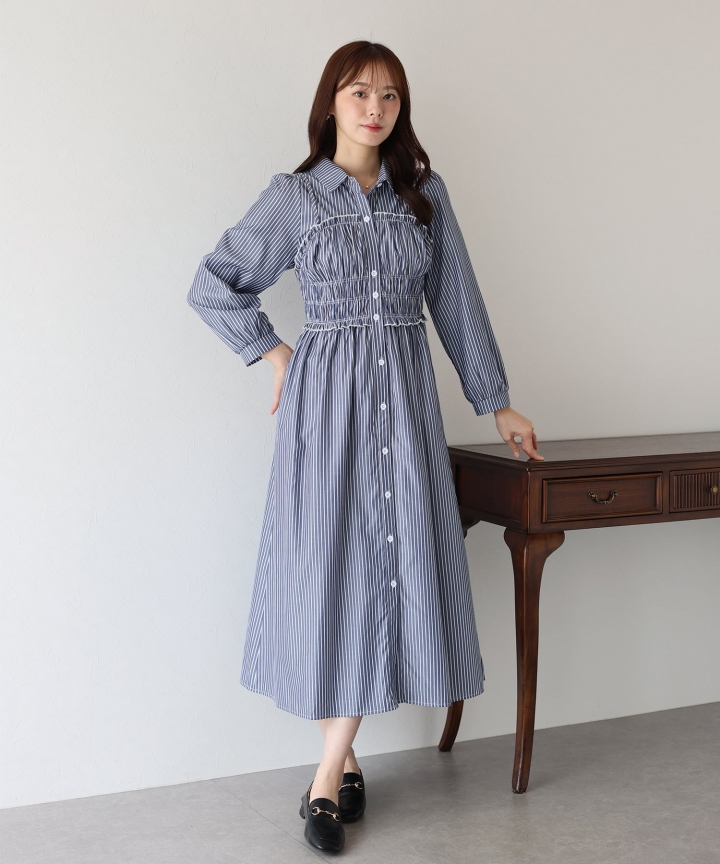 【TIME SALE】シャーリングシャツワンピース 【TIME SALE】シャーリングシャツワンピース