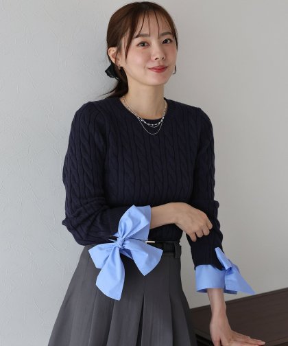 【TIME SALE】リボン袖ドッキングケーブルニット 【TIME SALE】リボン袖ドッキングケーブルニット