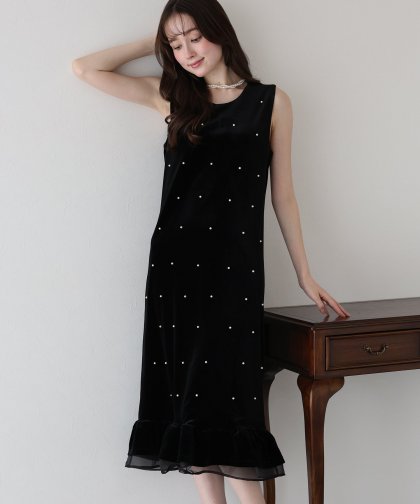 パール付きベロアワンピース パール付きベロアワンピース