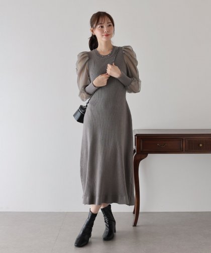 【TIME SALE】チュール袖マーメイドニットワンピース