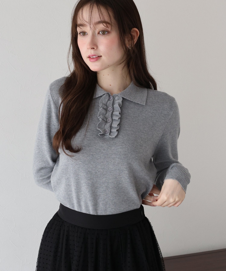 【TIME SALE】ウール混フロントフリルポロニット 【TIME SALE】ウール混フロントフリルポロニット