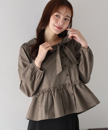 【TIME SALE】チェックリボンペプラムブラウス【ネコポス】 【TIME SALE】チェックリボンペプラムブラウス【ネコポス】