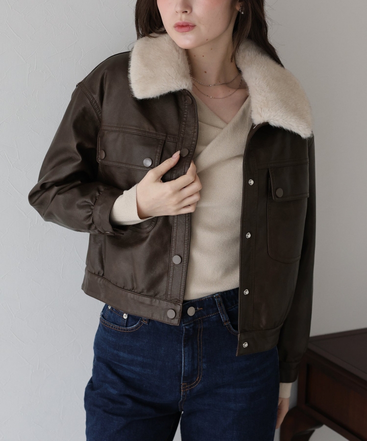 ファー付きフェイクレザーブルゾン